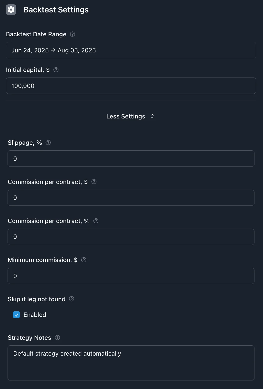 Backtest Settings Form
